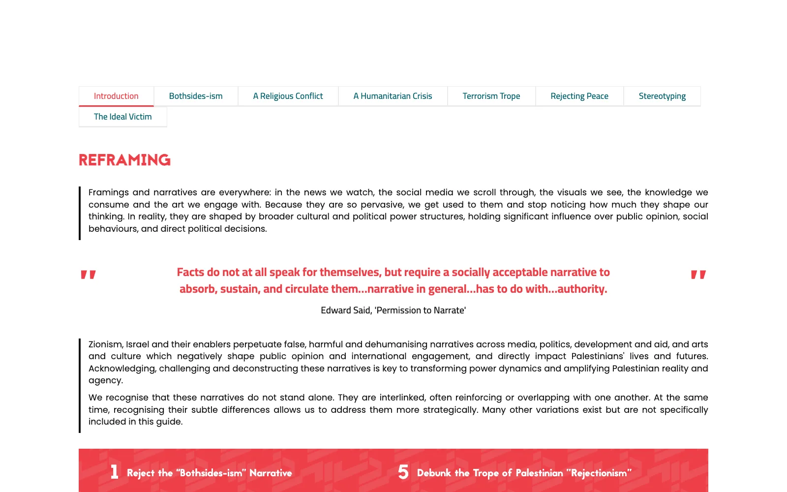 The Communicating Palestine guide, showing the Reframing chapter
