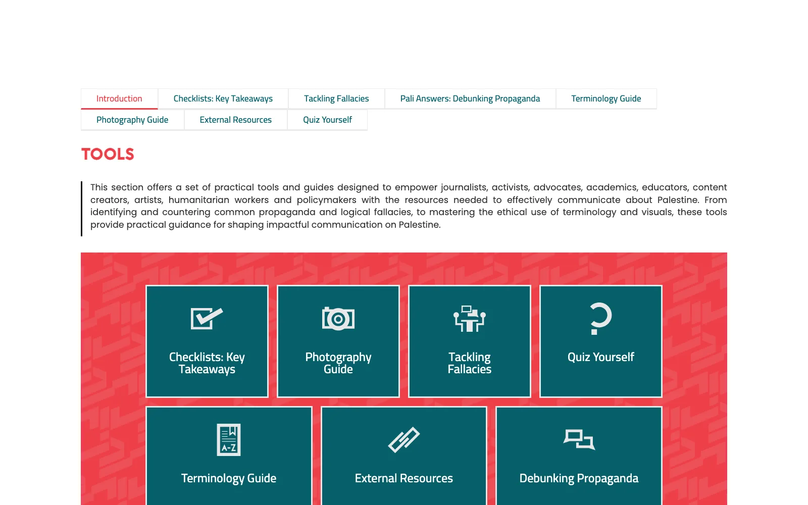 The Tools section of the Communicating Palestine guide, a grid of interactive resources