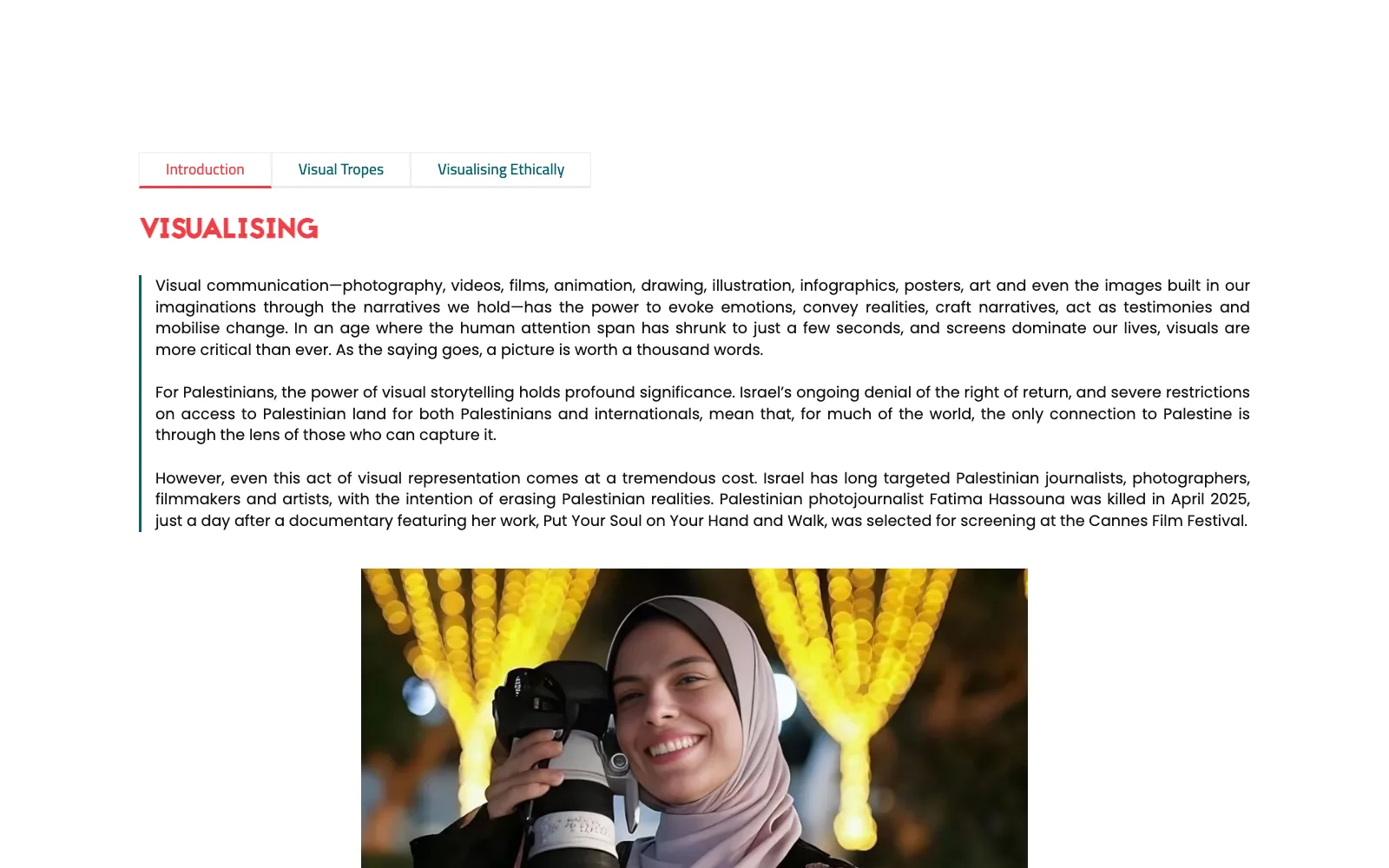The Visualising section on ethical visual representation